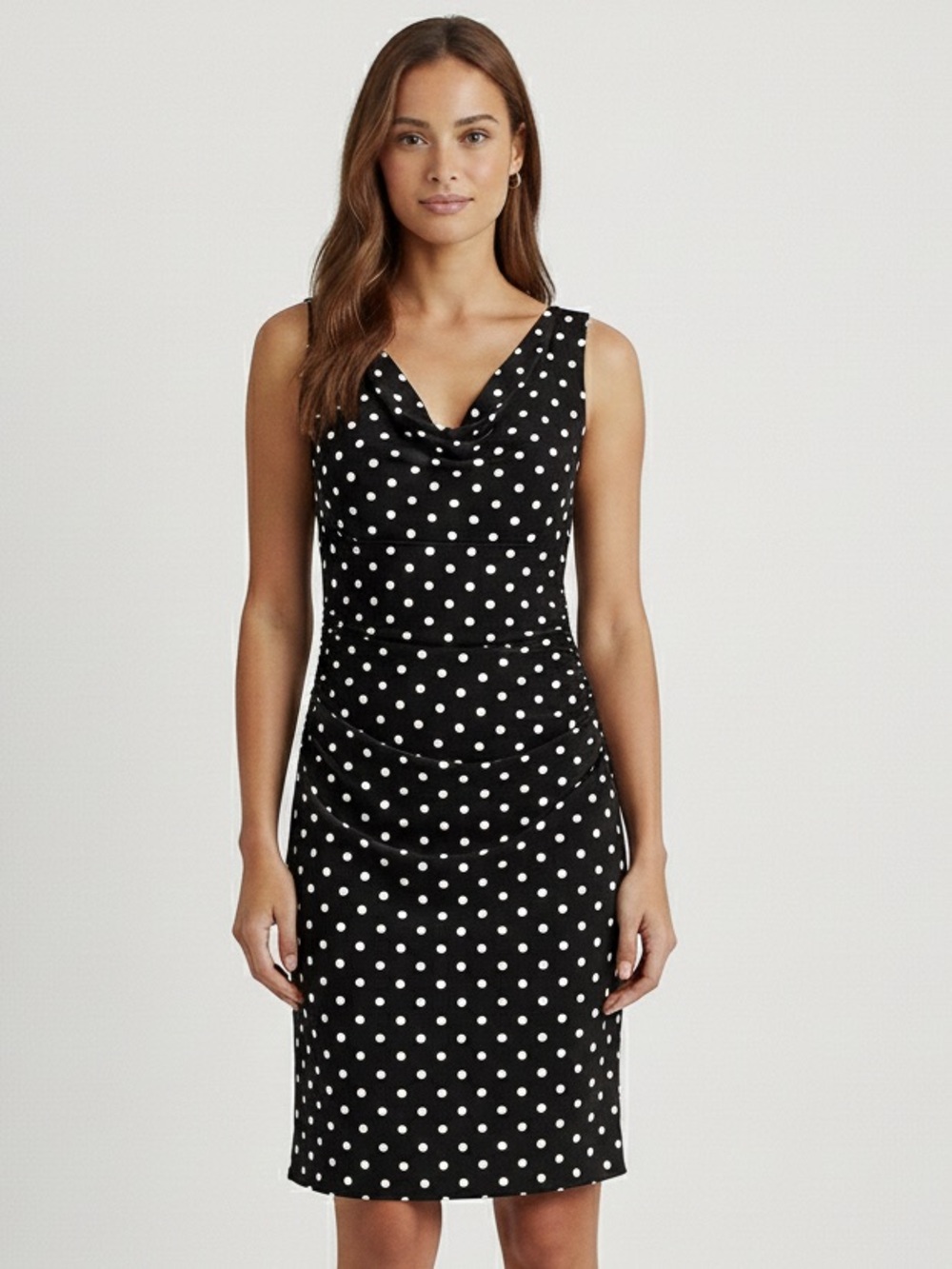 Vintage LAUREN RALPH LAUREN Polka Dot Cowl Neck Ruched Dress Size 8